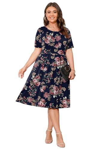 Image of POSESHE Womens Plus Size Summer Dress 2026 Casual Short Sleeve Empire Waist Loose Fit Swing T-Shirt Dress with Pockets