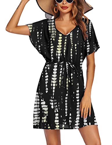 Image of Ekouaer Womens Swimsuit Coverup Short Sleeve Beach Cover Up Dress V Neck Bikini Beachwear