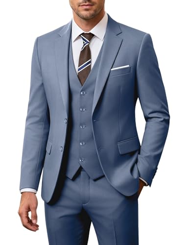 Image of Men's 3 Piece Slim Fit Suit Set, Two Button Blazer Solid Jacket Vest Pants Wedding Business Suit