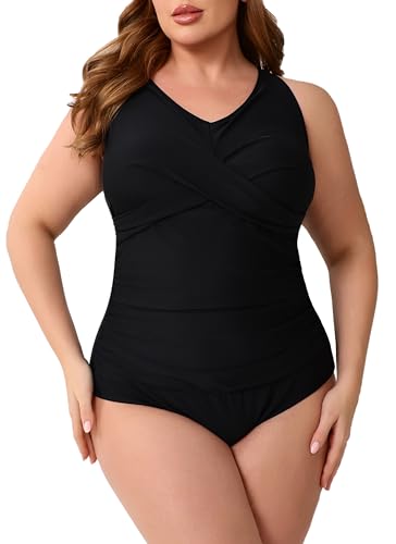 Halcurt Plus Size One Piece Swimsuit for Women Twist Front Tummy Control Full Coverage Retro Bathing Suit All Black 2X