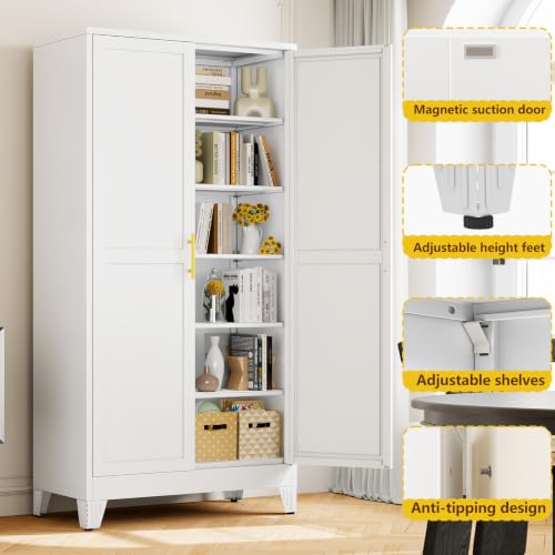 Image of PAOFIN Metal 79 inch Kitchen Pantry Cabinet, Pantry Storage Cabinet with Doors and 5 Adjustable Shelves, Freestanding Cupboard Kitchen Cabinet,Tall Cabinet for Living Room,Pantry, Bathroom,Kitchen