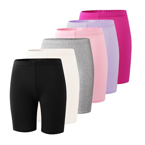 Deuerr 6-Pack Girls' Compression Spandex Shorts for 4-12Years | Athletic Wear for Gym, Dance, Yoga, Volleyball & Bike Riding, Black/Grey/Pink/Purple/White/Rosered, 11-12 Years