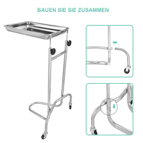 Konmee Salonwagen, medizinischer Tablettwagen, hergestellt aus hochwertigem Edelstahl,Die Höhe des Wagens ist verstellbar im Bereich von 86 cm bis 143 cm. Die Maße des Tabletts betragen:49 x 34 x 5 cm