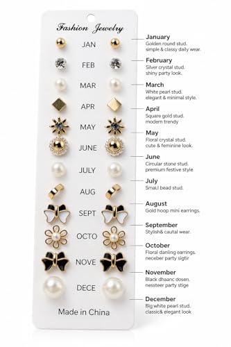 Image of 12 Pairs Stud Earrings Set for Women & Girls | Pearl, Bow, Flower & Square Designs Earrings Combo | Lightweight, Skin Friendly Daily Wear Jewelry