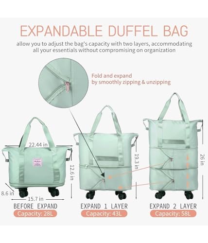 Image of HAKKU Rolling Duffle Bag with Wheels, Expandable Foldable Duffle Bags with Wheels and Handle for Travel, Rolling Luggage Bag Carry on Duffel Bag, Wheeled Travel Duffle Bag (2 Layer with Wheel, Green)