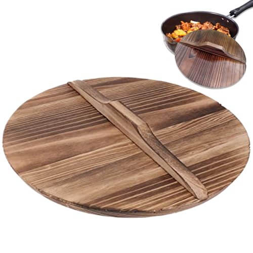 14 inch Natural Wooden Wok Cover Wok Lid Anti-scalding Pot Lid Replacement Round Pot Cover with Handle for Kitchen Camping Picnic