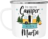 SpecialMe® Emaille-Tasse Camping Wohnmobil personalisiert mit Namen persönliche Geschenke für Camper weiß-metall Emailletasse