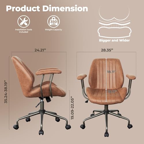 ovios Ergonomic Home Office Chair, Mid-Century Modern Faux Leather Chairs with Padded Armrests, Comfy Mid Back Swivel Rolling Executive Computer Armchair (Brown, Suede Leather)