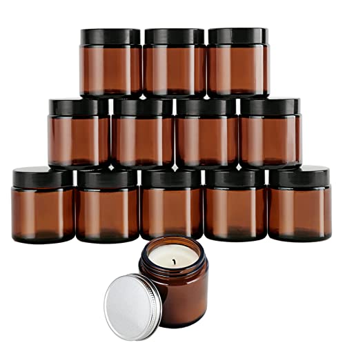 12 Pack, 4oz Amber Round Glass Jars with 24 Lids, Empty Cosmetic Containers with Inner Liners, 12 Black & 12 Silver Metal Lids for Beauty Products, Cosmetic, Lotion, Ointments, DIY.