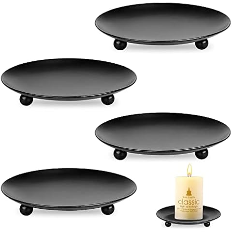 4 Pcs Candle Holders,Black Round Pillar Candle Holders Iron Candle Tray Plate for Incense Cones Spa Wedding Pray Home Party Decoration(8.5cm/3.34inch) Cover