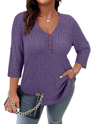 Image of Koscacy Women Plus Size V Neck 3 /4 Roll Sleeve Sweater Casual Knit Tops Solid Color Blouses
