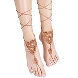 Sealike Handmade Crochet Barefoot Sandals Wedding Beach Jewelry Shoes Footless Sandles Foot Jewelry Summer Shoes with Stylus Khaki