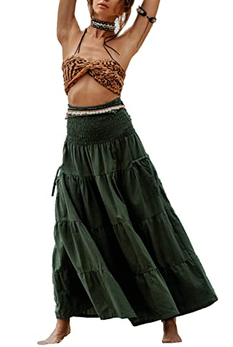 Thaluta Maxi Boho Skirt Long Pockets Cotton Hippie Bohemian Elastic Waist Gypsy Skirt (Hunter Green) #TOP7