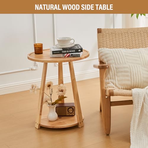 Round Living Room End Table - Natural Solid Wood Round Side Table with Lower Shelf for Living Room Couch, Bedroom Nightstand — view 6