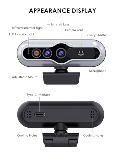 Webcam HD 2K com janelas infravermelhas, reconhecimento facial, câmera de computador, capa de privacidade, microfones com cancelamento de ruído, webcam para laptop para videoconferência, ao vivo - Imagem 2