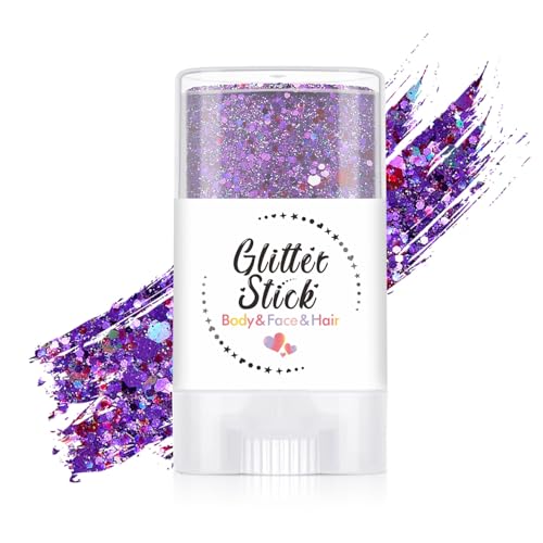 Purple Body Glitter Stick, Perfect Sparkling Neon Outfit Music Festival Stage Mardi Gras Accessories Hair and Face Glitter Gel Makeup.