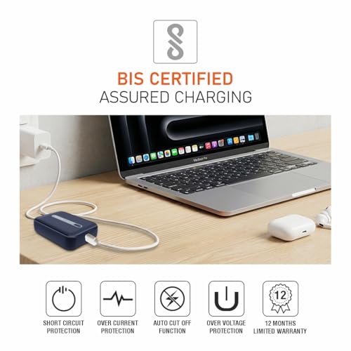 Image of Muvtech Zip 10 Pocket Size 10000mAh Mini Power Bank, 22.5W Fast Charging, Dual Output USB-A & Type-C Ports, Compact Pocket Size, LED Indicators, Travel Friendly, Portable (Blue)