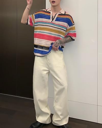 CORIRESHA Men's Hollow Out Striped Sweater Collared Short Sleeve Casual Knit Top4