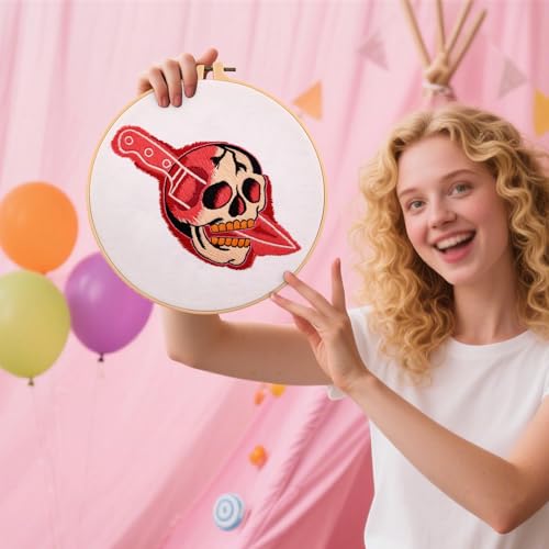 Image of Halloween Punk Embroidery Kits for Beginners Adults, Blood Skull Embroidery Starter Kits, Halloween Cross Stitch Kits for Beginners Adults Hobbies for Women, Embroidery Fabric, Hoop and Video Tutorial