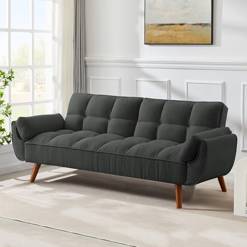 mikibama Futon Sofa Bed Modern Convertible Sleeper Sofa, 75” Linen Twin Size Futon Couch Comfy Recliner Sofa Couch with Adjustable Split Backrest for Living Room Small Spaces, Dark Grey