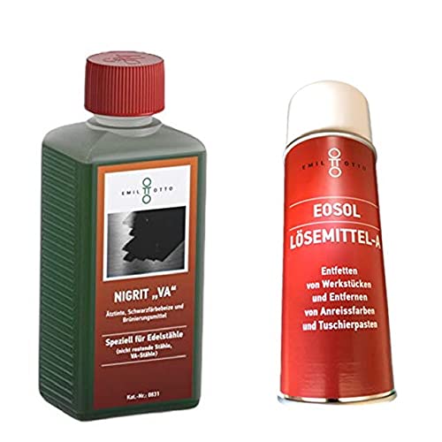 Brünier-Profi-Set II: 500 g Schwarzfärbe-Schnellbeize NIGRITVA, Kaltbrünieren - Schwarzfärben für Edelstähle + 400 ml Lösemittel A in Spraydose, zum Säubern u. Entfetten von Werkstücken