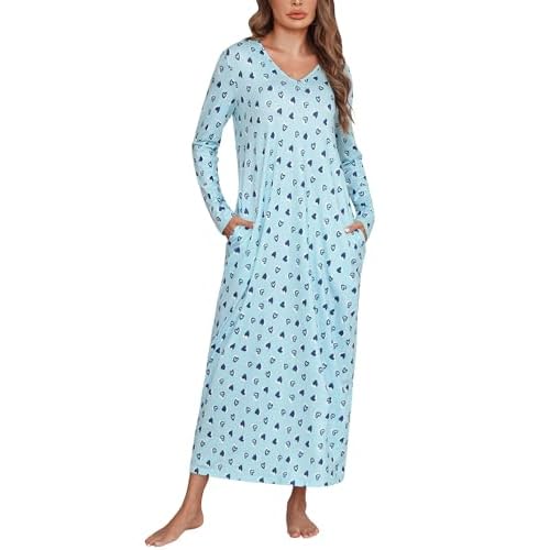 Marvmys Women Cotton Long Nightgowns Long Sleeves Nightshirts V Neck Full Length Sleep Shirts with Pocket Blue 4X-Large