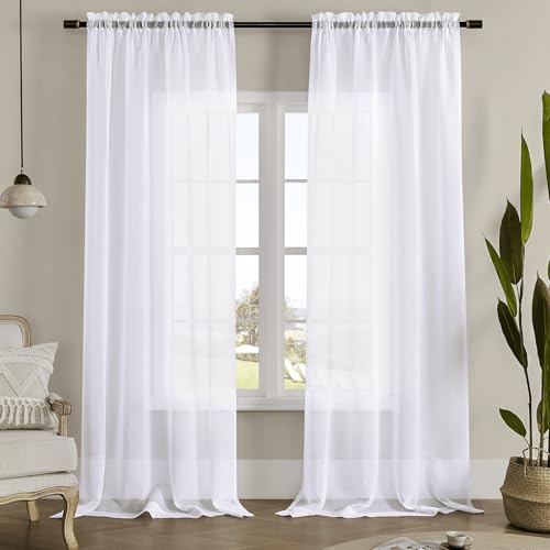Image of MYSTIC-HOME White Sheer Curtains 108 Inches Long 2 Panels Tulle Window Panels for Bedroom 2 Panel Sets Rod Pocket Sheer White Curtains for Living Room Kitchen Yard 52 W x 108 L
