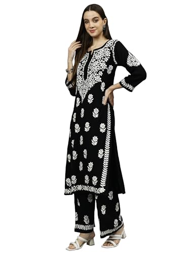 Image of Seva Chikan Hand Embroidered Lucknowi Chikankari Rayon Kurta and Palazzo Set SCL8037
