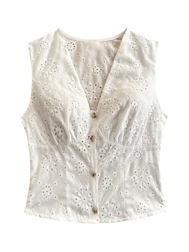 SweatyRocks Women's Eyelet Embroidery V Neck Button Down Vest Top Sleeveless Casual Dressy Blouse