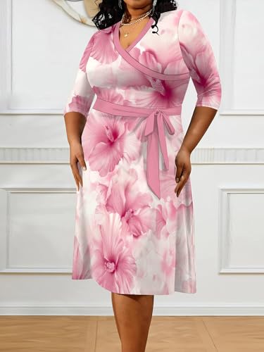 Image of PinkPatty Women's Plus Size Maxi Dress Print 3 /4 Sleeves V Neck Party Sundress Wedding Guest Dresses