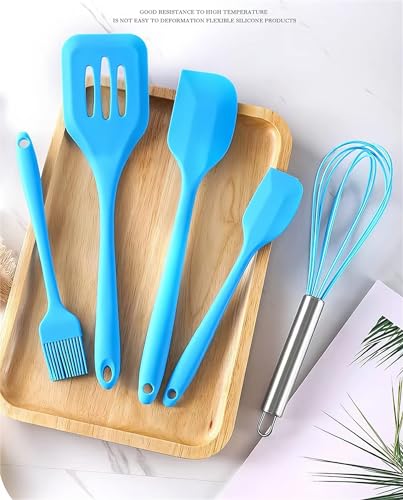 Image of Oren Empower Set of 5 Pcs Silicone Spatula & Kitchen Utensil with Hook Design for Cooking, Baking & Mixing /Non-Stick BPA Free /Heat Resistant Item, Flexible Non Toxic Silicon Tools - Blue