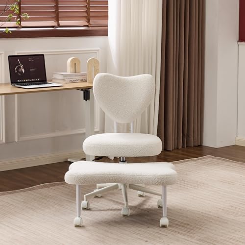 Image of Ergonomic Cross Legged Office Chair with Wheels, ADHD Chair for Adults, Meditation Chair, Yoga Office Chair, Comfortable Back Support, Height Adjustable,Small Spaces,Teddy Fleece-Beige