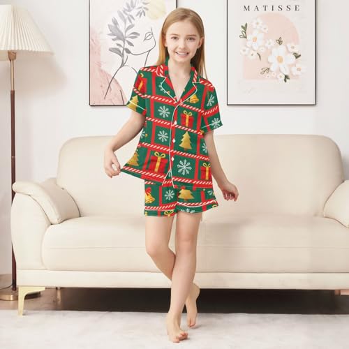 Satin Pajama Sets Short Sleeve Christmas Bells Tree Pattern Button Down Silky Nightwear 2 Piece PJS 5-14Y3