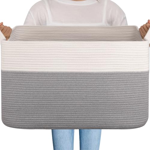 Image of OIAHOMY Extra Large Blanket Basket, 95L Cotton Rope Woven Laundry Basket, Toy Bin for Baby Room, Container for Blanket Storage in Living Room, 24''x17''x14'', Grey & White