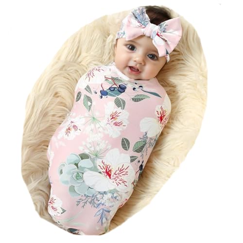 Image of Galabloomer Newborn Receiving Blanket Headband Set Flower Print Baby Swaddle Blankets (pearl floral)