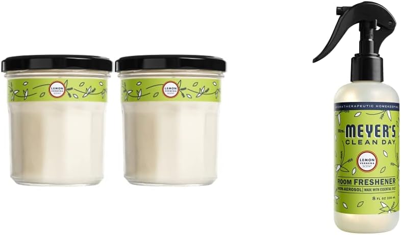 Mrs. Meyer's Clean Day Scented Soy Candle, Large Glass, Lemon Verbena (7.2 oz, 2 ct) and Mrs. Meyer's Room and Air Freshener Spray, Lemon Verbena (8 fl. oz)