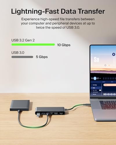 Image of Belkin USB Hub for Laptop 8-in-1, USB C Hub - Multi USB Port Adapter with 2.5Gbps Ethernet, 4K HDMI @ 60Hz, 100W USB-C PD, 10Gbps Transfer | Type C Hub for MacBook, iPad Pro, Windows, ChromeOS