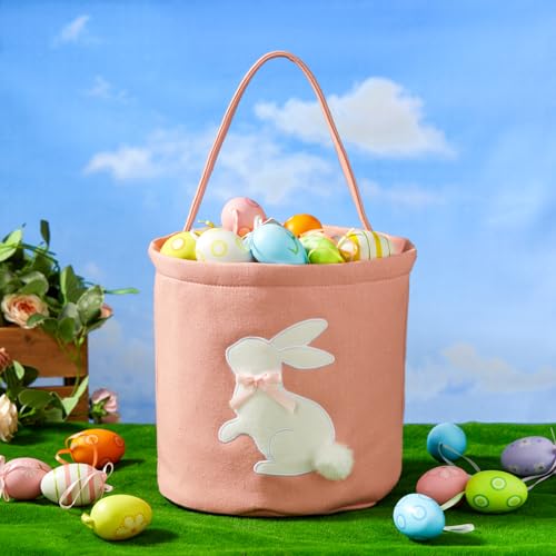 Image of 2 Pcs Embroidered Easter Basket with Handle for Egg Hunts, Easter Gifts, Easter Egg Collection, Gift (Pink and Blue)