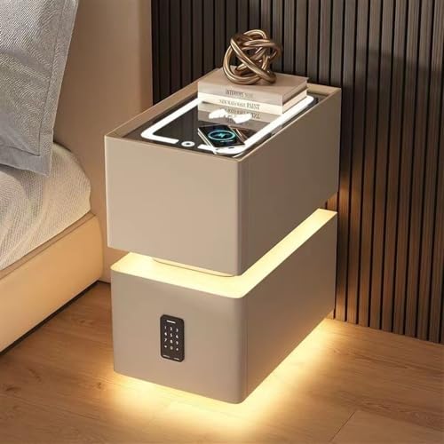 HJYBFA Mesita de Noche Inteligente Estrecha de Madera Maciza Carga inalámbrica, Cerradura con contraseña y luz LED. Mini Mueble premontado para Dormitorio (Caqui, 25 x 30 x 48