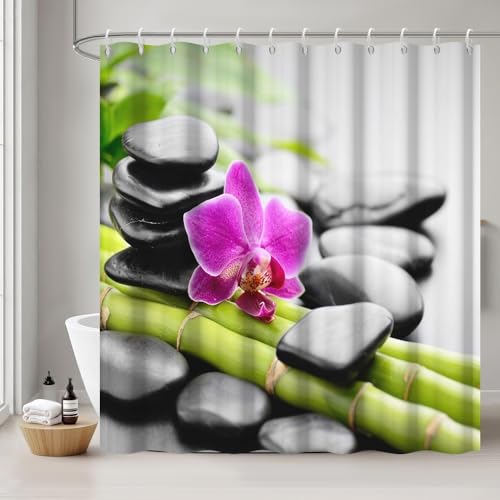 Uiiooazy Rideau Douche Anti Moisissure, Rideau de Douche 180x200cm Bambou Vert Spa Zen Orchidée Fleuri Rideaux de Baignoire Tissu Lavable Imperméable Polyester Rideaux...