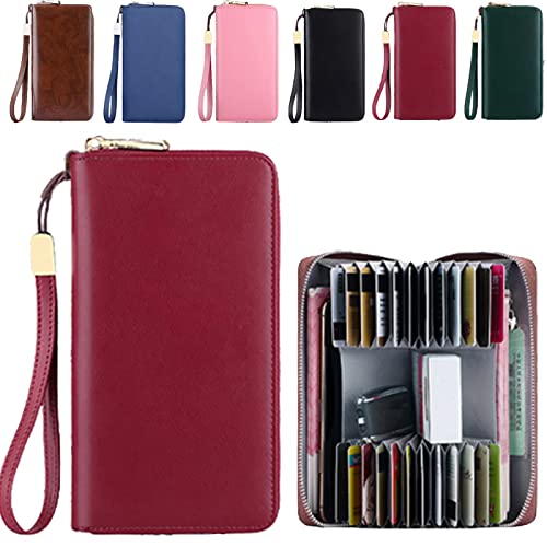 Unisex Anti-credit Card Fraud Multi-compartment Wallet, 24 Slots RFID Blocking Card Holder Large Long Leather Zipper Organizer Accordion Wallet, Huge Storage Capacity (Red)