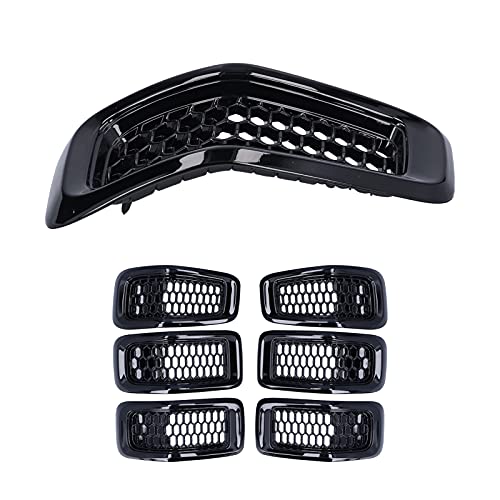 Image of Acouto for Cherokee 2014-2018 Grill Inserts Cover Kit 7pcs Car Front Grille Inserts Mesh Grill Cover Grill Guard Trim Accessories(Glossy Black Frame)