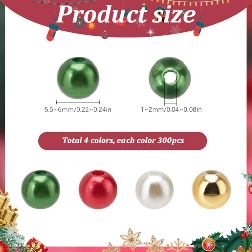 SOFPLATE 1200pcs 4 colors 6mm Plastic Pearls Beads Christmas Acrylic Beads Round Red White Mini Imitation Pearl Loose Spacer Bead with Holes for Jewellery Making Crafts Wedding Decor DIY Accessories - Image 2