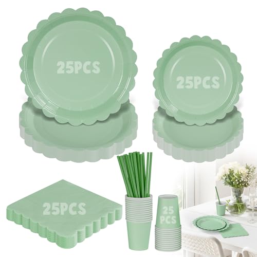 125 Piezas Verde Hierba Vajilla Fiesta Cumpleaños, 25 invitados Cumpleaños Vajilla de Fiesta, Platos y Vaso Cumpleaños Infantil Set de Party Decoración Platos Desechables Eegantes para Navidad,Verde
