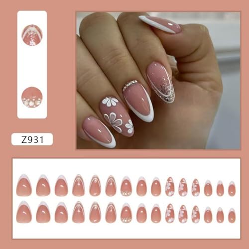 Image of White French Tip Press on Nails Short Almond Fake Nails Flower False Nail with Rhinestone Design Gold Glitter Glue on Nails Glossy Acrylic Nail Full Cover Nude Stick on Nail for Women Manicure 24Pcs