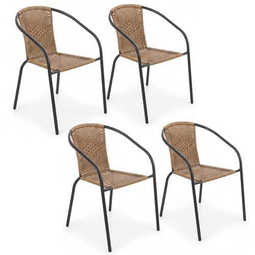 LOLAhome Pack 4 Sillas Jardín Exterior | Sillon Ratan Natural y Acero con epoxi Anticorrosión | Apilables | Cómodas y Resistentes | Balcón, Terraza o Jardín | Trivia
