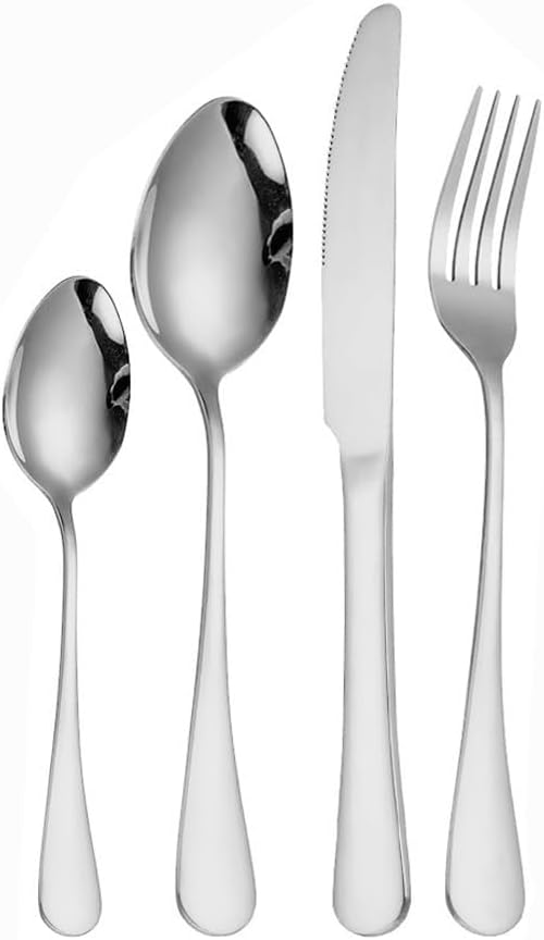 Modern Minimalist Widening Flattening Handle Kitchen Stainless Steel Silverware Tableware Flatware Cutlery Set Steak Knife Fork Spoon Teaspoon (Silver,4 pieces)