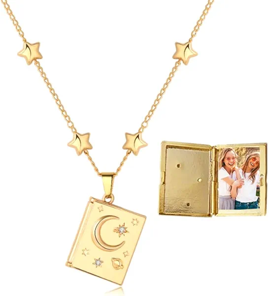SweYone Gold Locket Moon Necklace with Star Chain, 18K Gold-Plated Picture Book Locket Necklace for Women, Locket Charm Necklace with Photo, Birthday Gifts for Women,Mom,Daughter,Friends
