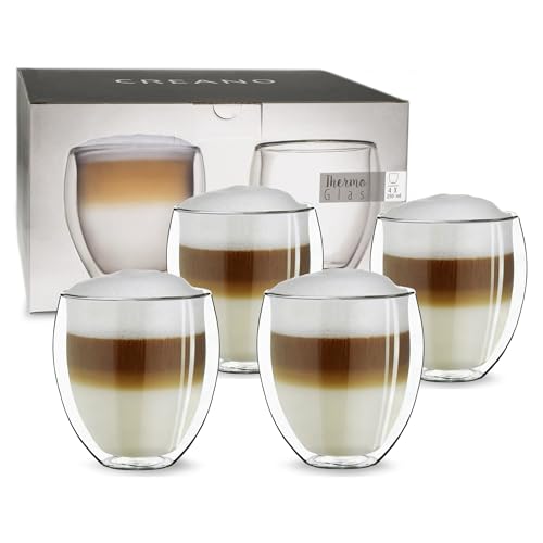 Creano doppelwandige Gläser 250ml „DG-Bauchig“, 4er Set, großes Thermoglas doppelwandig aus Borosilikatglas, Kaffeegläser, Teegläser, Latte Gläser, Doppelwandgläser