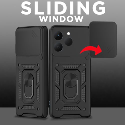 Image of Pikkme Back Cover for Realme 15T 5G / Realme Narzo 90 5G | 360 Protection Case | Sliding Camera Shield Cover & Ring Holder Stand D10 Tough Armor Bumper Case (Black)